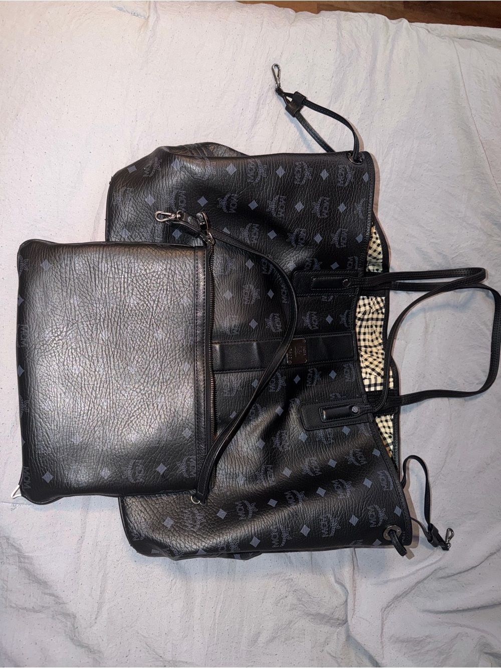 MCM Black Logo-Print Leather Tote with Detachable Pouch